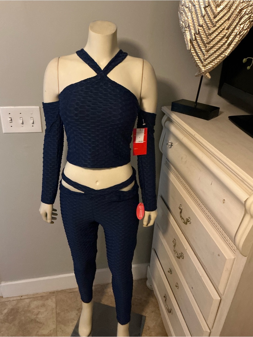 Hot Kiss Navy Textured Two-Piece Track Pants & Crop Top Set
